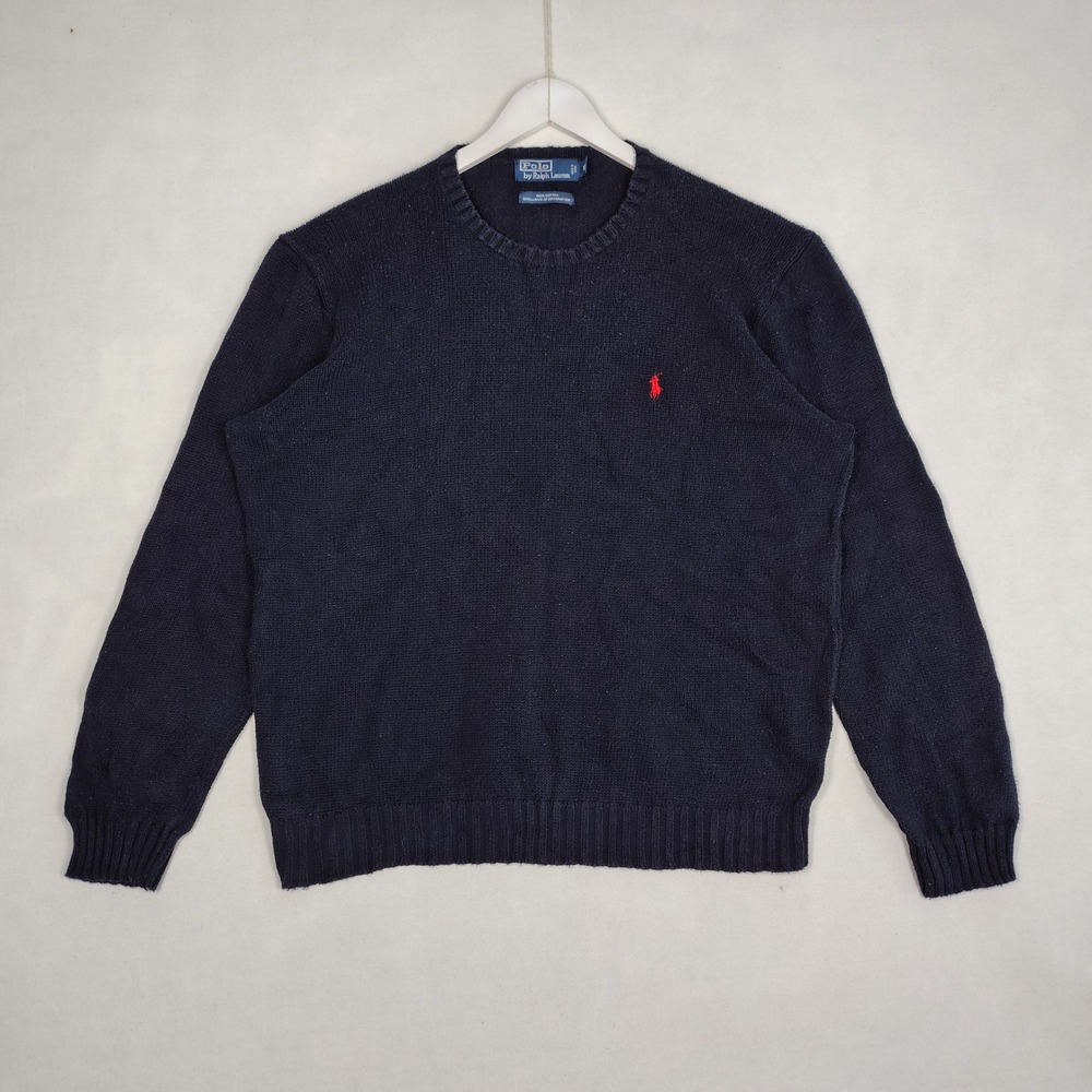 Polo Ralph Lauren Mens XL Navy Blue 100% Cotton Crewneck Sweater Red Pony Logo